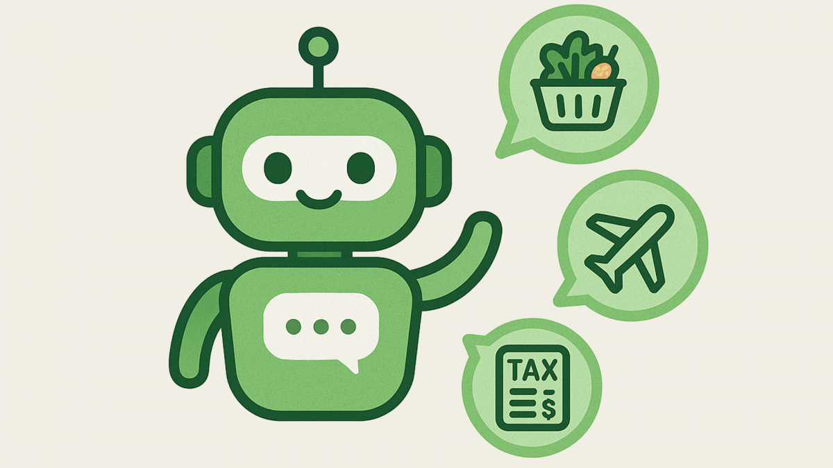 ChatGPT chatbot rektangel En liten grön robot med tre pratbubblor, em med mat, en med flygplan och en med papper som det står tax på