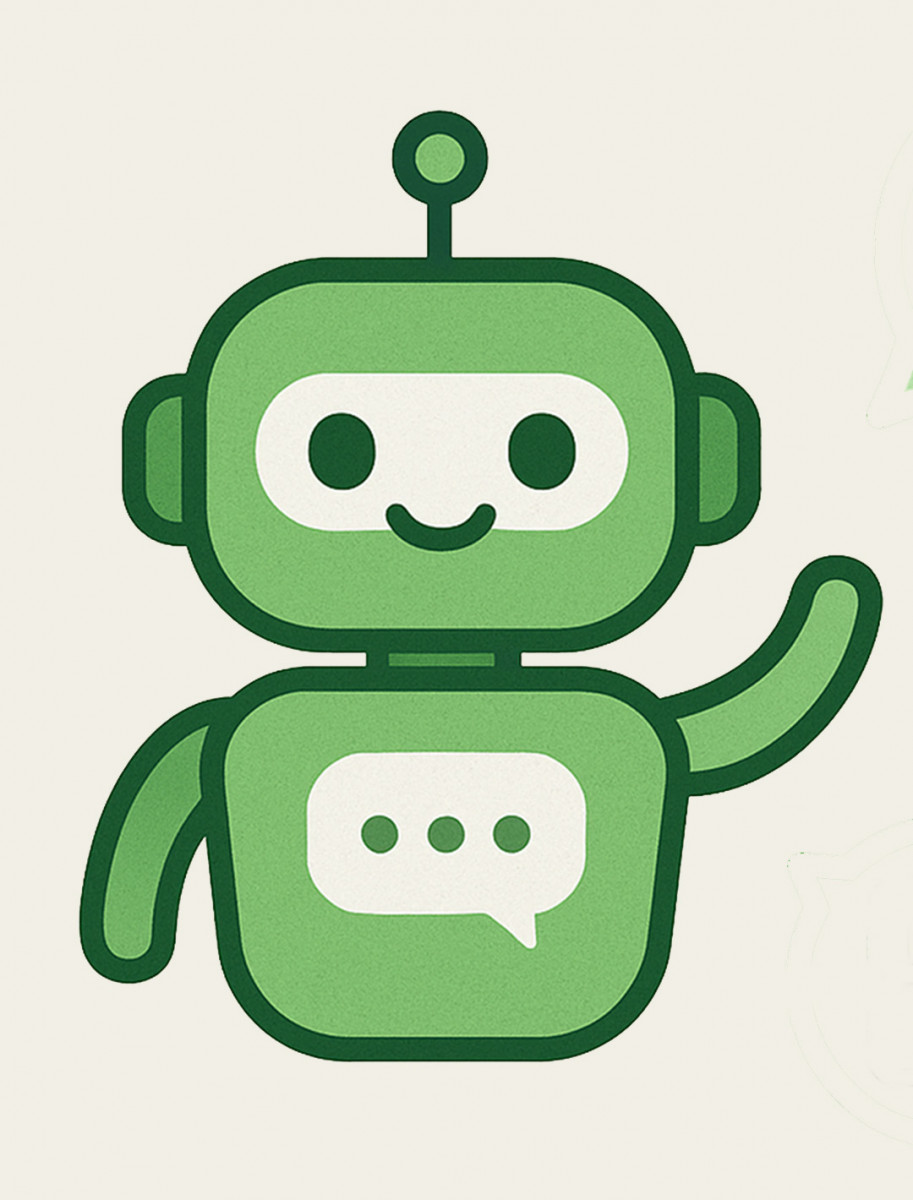 ChatGPT chatbot kvadrat En liten grön robot med tre pratbubblor, em med mat, en med flygplan och en med papper som det står tax på